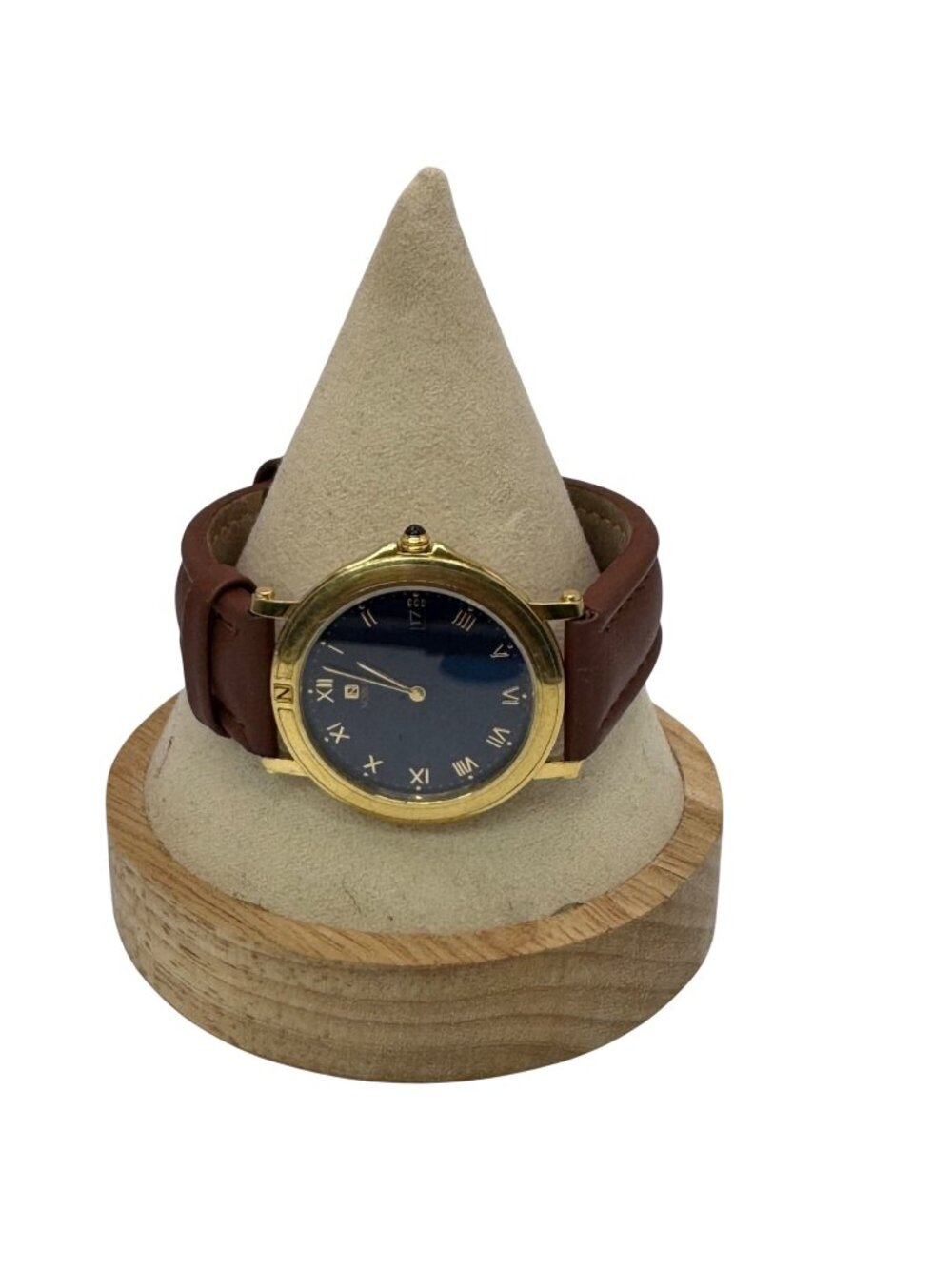 Citizen Noblia Mens Gold-Tone Watch Blue Dial Brown Leather Roman Numerals Japan